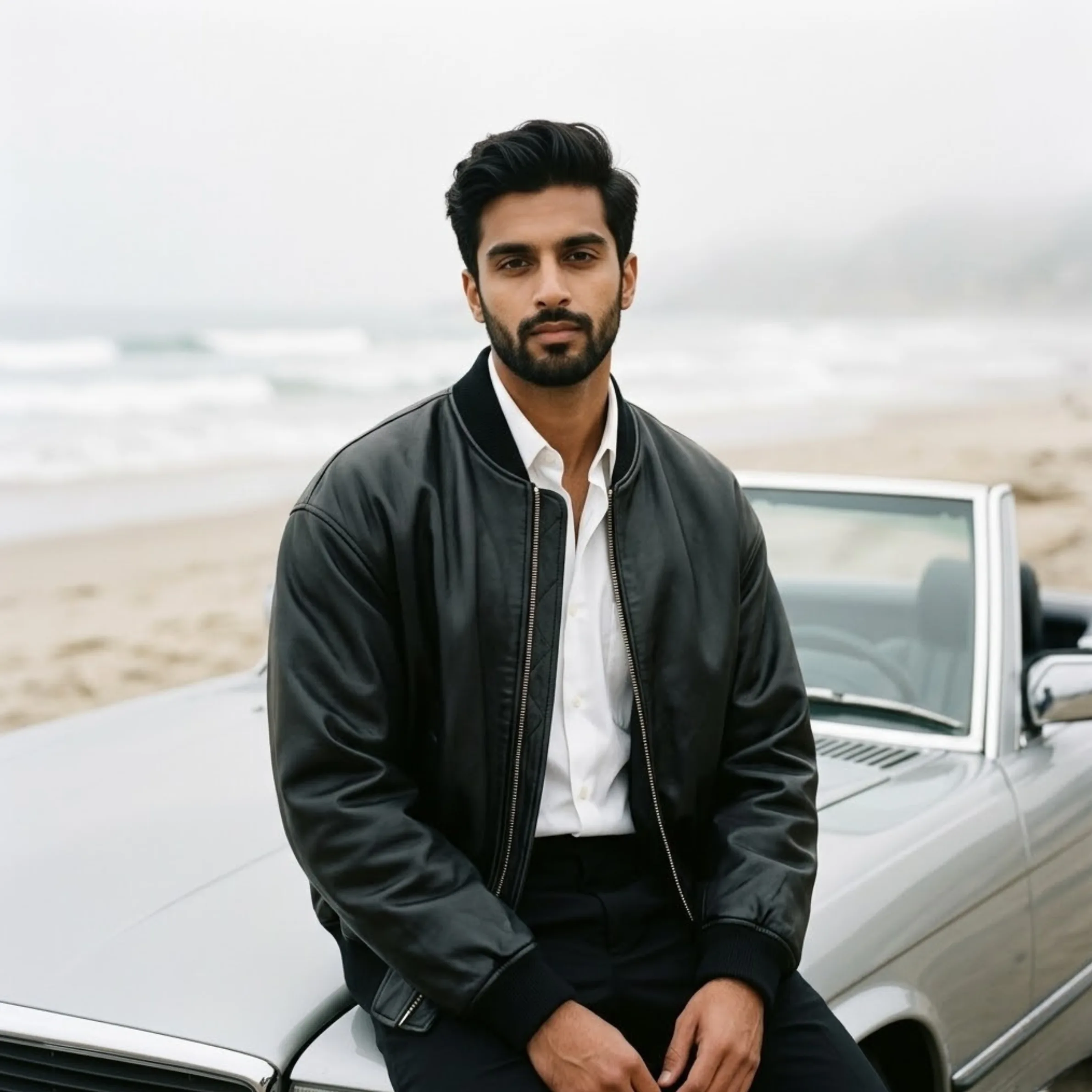 Prompt 9 editorial male portrait with vintage convertible and leather jacket